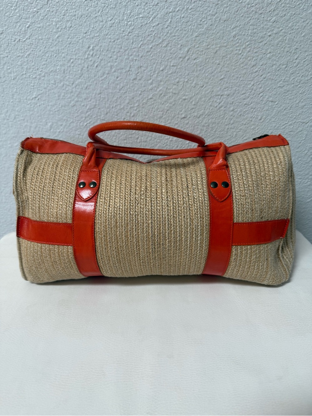 Christian Louboutin Red-Lined Barrel Zip Up Tote Bag with Orange Leather details